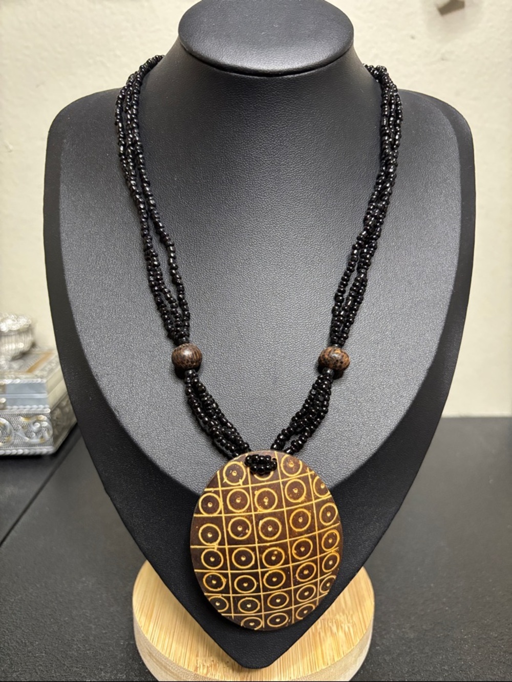 Carved Coconut Pendant Black Glass Bead Boho Necklace Resort
